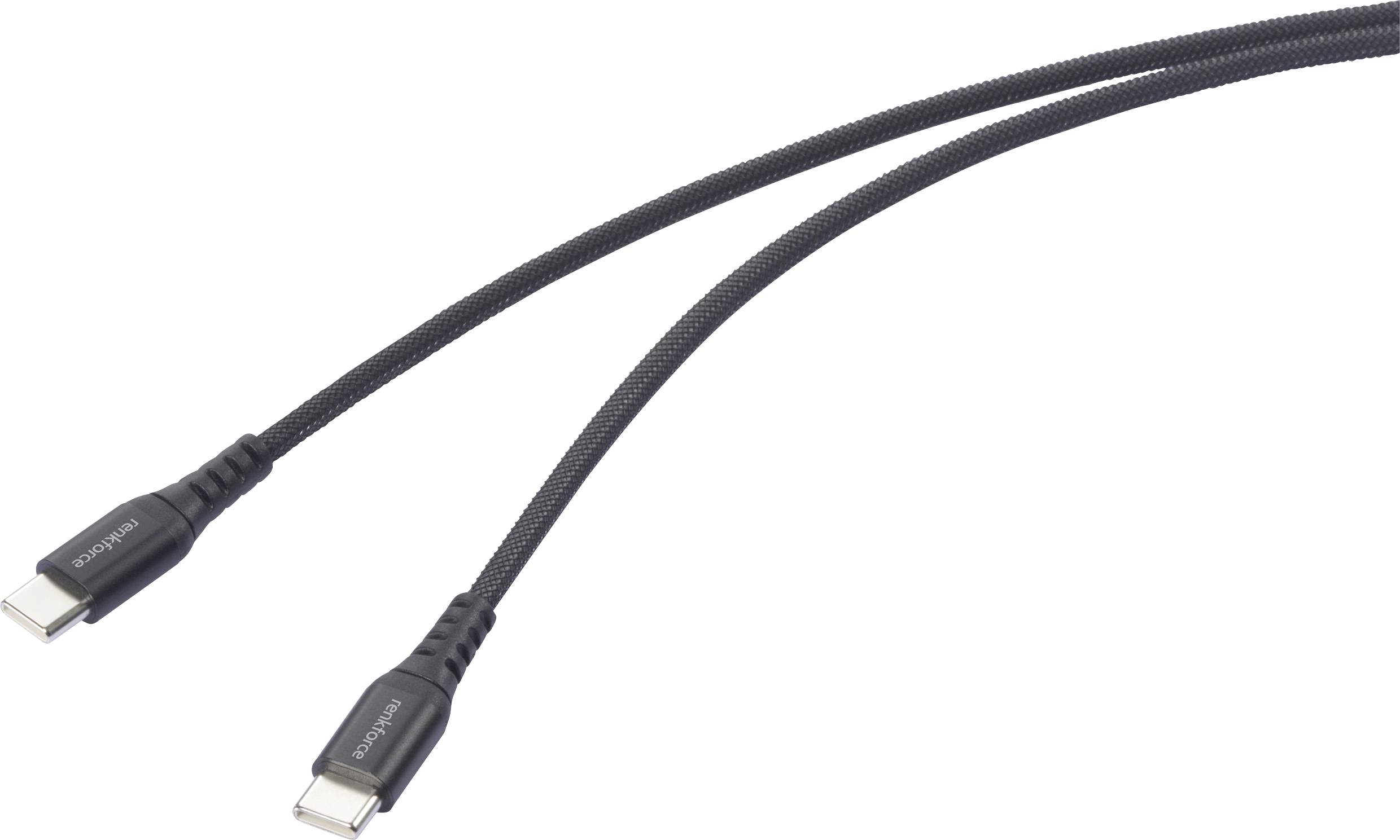 En svart flätad USB-C till USB-C-kabel med kontakter i båda ändar, använd för laddning och dataöverföring mellan kompatibla enheter.