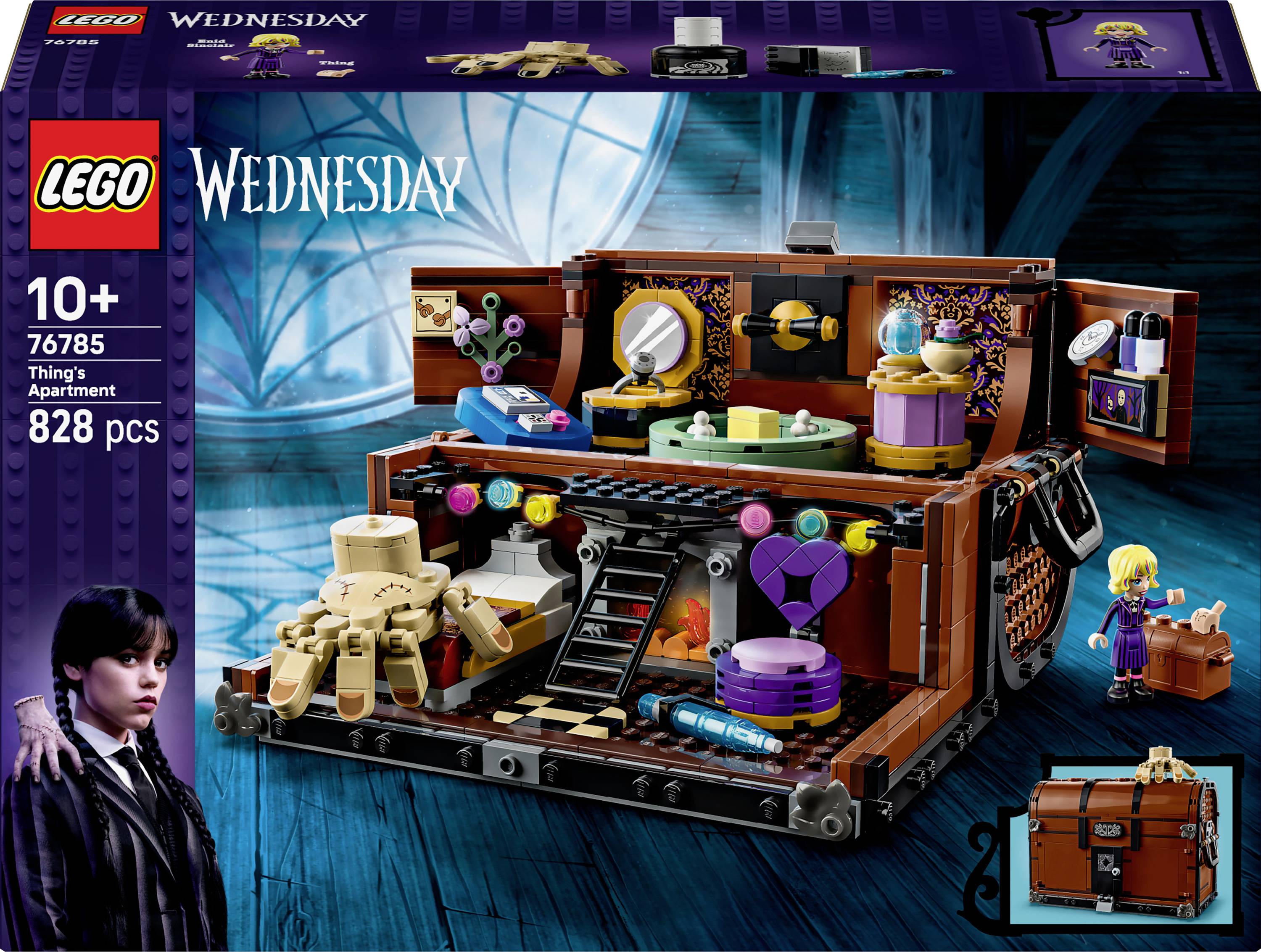 'Lego-set 76785, Wednesday-tema, med ett detaljerat rum med skivspelare, möbler och tillbehör, 828 delar.'
