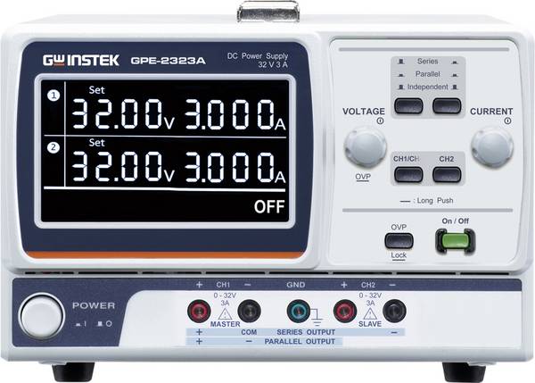 GW Instek GPE-2323A 192 W Zweikanal Liner DC-Netzteil Laboratorieaggregat, justerbar    192 W  radiostyrd, Masterfunktion, Master/Slave-Funktion, OVP, programmerbar Antal utgångar 2 x