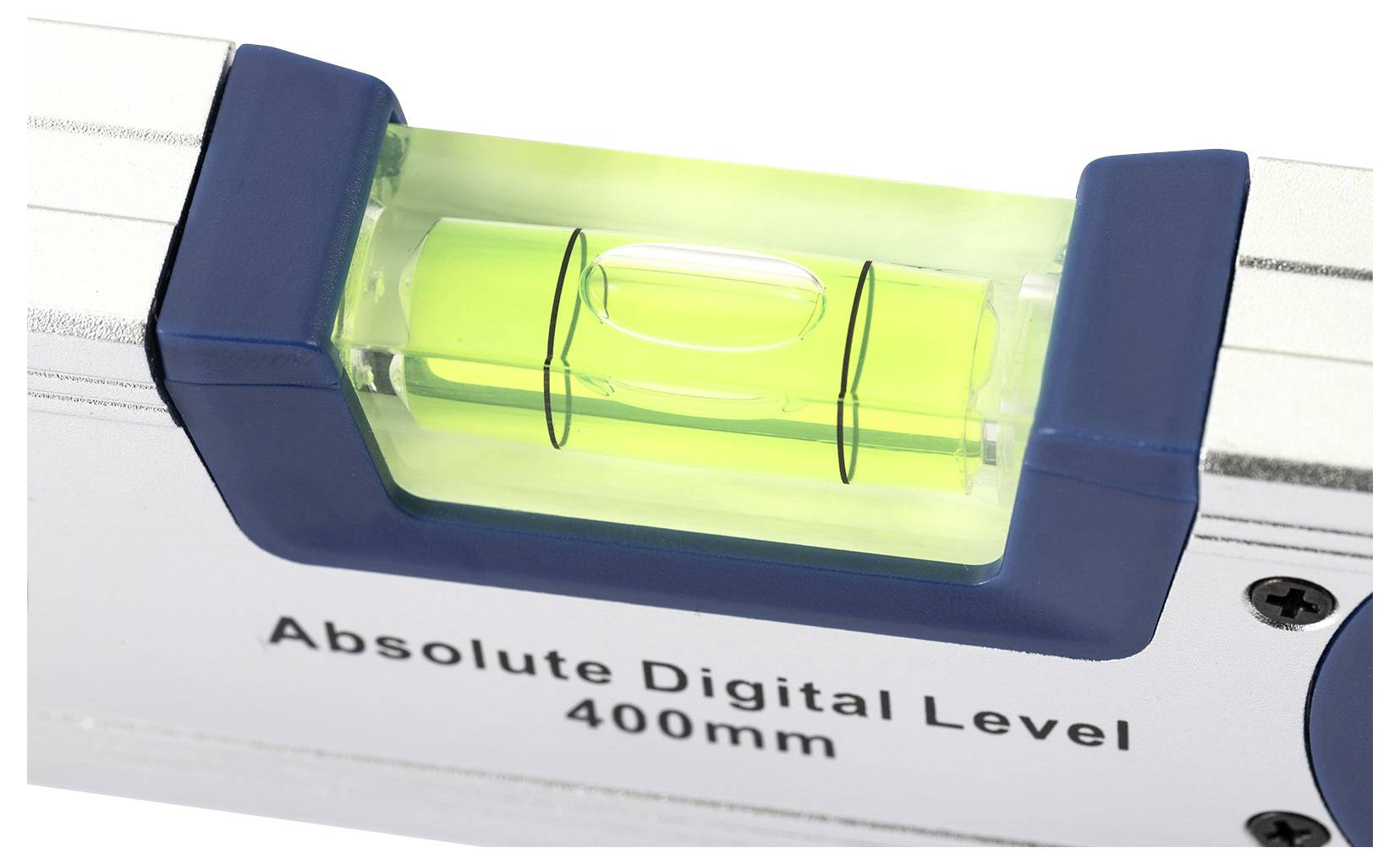 En digital vattenpass med en ljus gul-grön ampull som visar en centrerad bubbla, vilket indikerar planhet. Text lyder 'Absolut Digital Nivå 400mm'.
