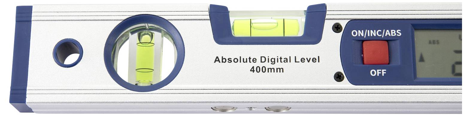 Digital nivåinstrument med horisontella och vertikala vattenpass för exakt mätning, utrustad med en PÅ/INC/ABS-knapp och en digital display.