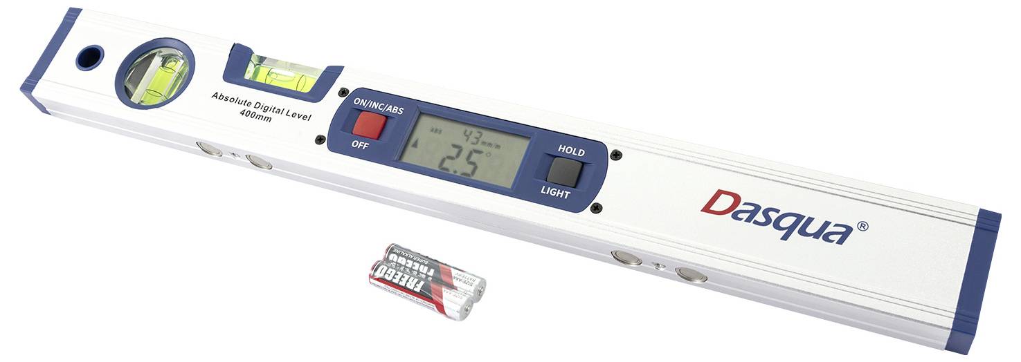 En digital nivå som visar en avläsning på '-2.5' med ett mindre AAA-batteri bredvid.