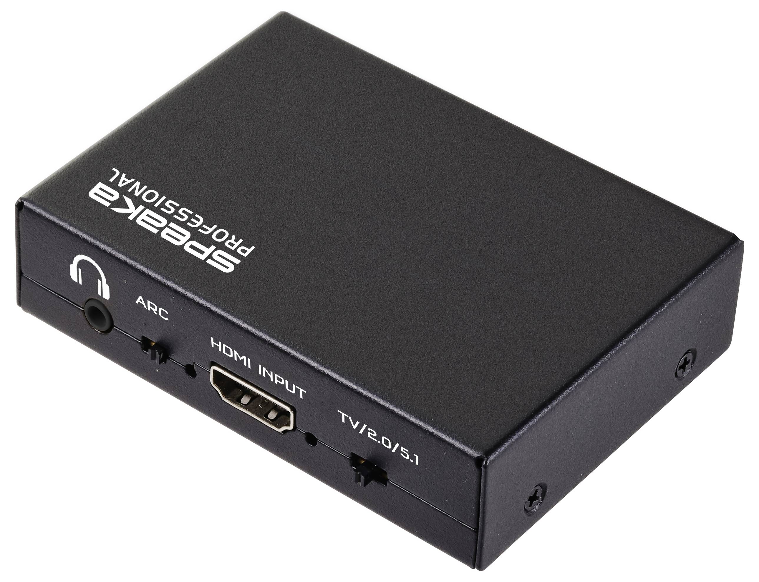 En svart digital ljudkonverterare märkt 'Speaka Professional' med HDMI-ingång och omkopplare för TV/2.0/5.1 ljudutgångslägen.