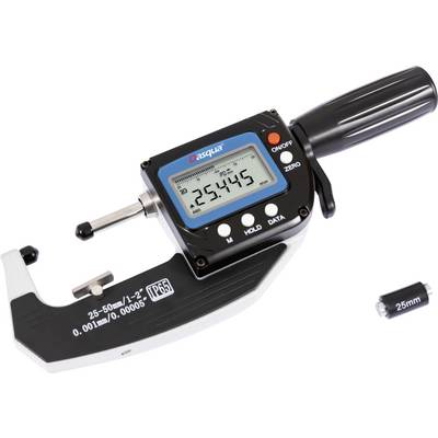 Digital mikrometer som mäter 25,445 mm, visad med en kalibreringsrod. Enheten har ett svart handtag och en displayskärm för precisisionsmätning.