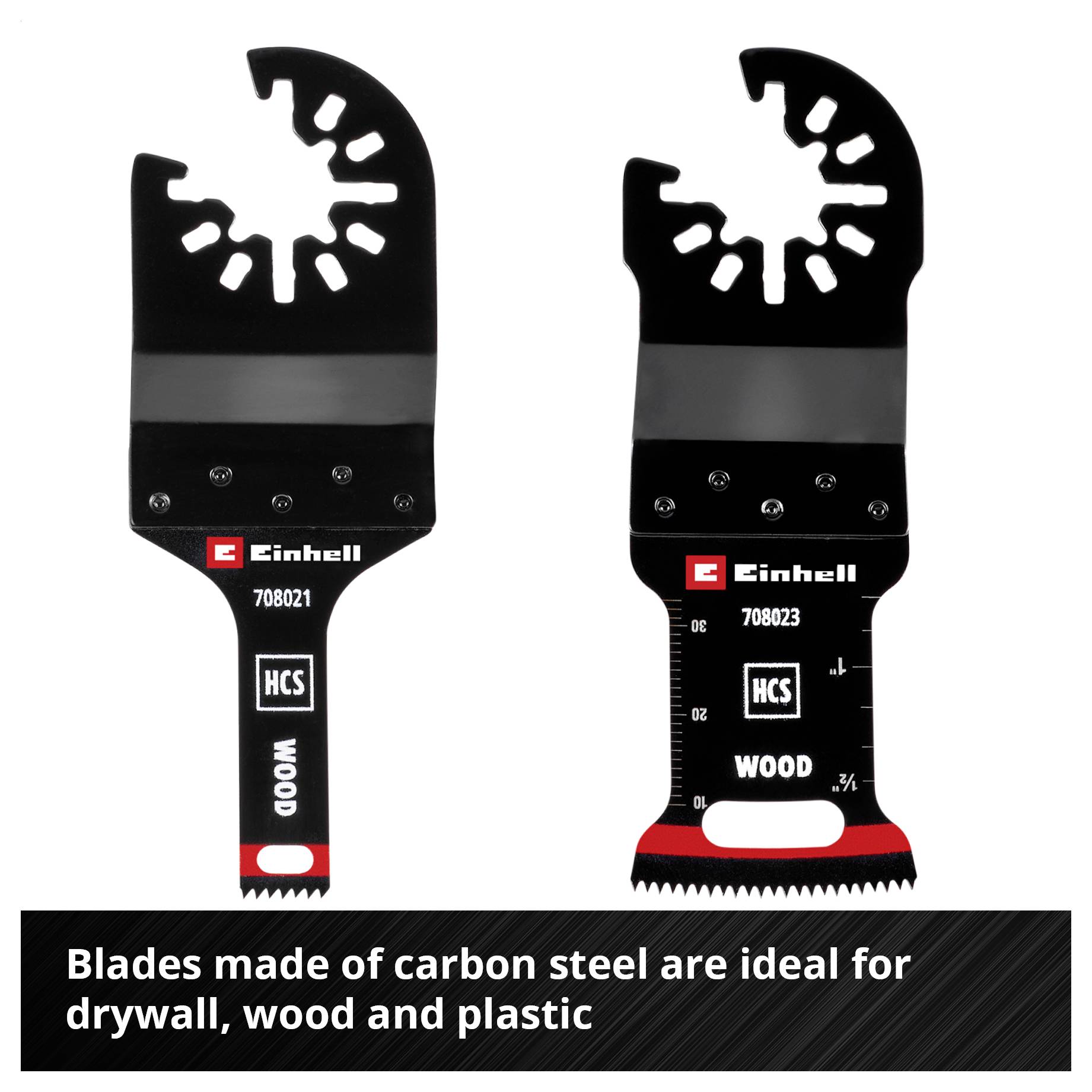 Två Einhell sågeblad lämpade för trä. Text under: 'Blad av kolstål är idealiska för gipsskivor, trä och plast'.
