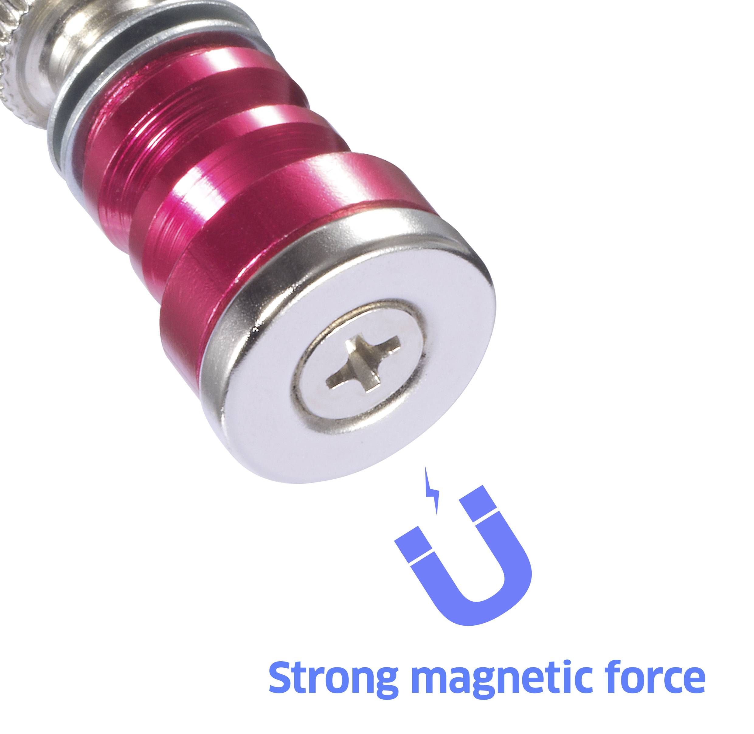 En röd magnetisk bitshållare med en skruv fastsatt, som indikerar stark magnetisk kraft, avbildad med en magnetikon och texten 'Stark magnetisk kraft'.
