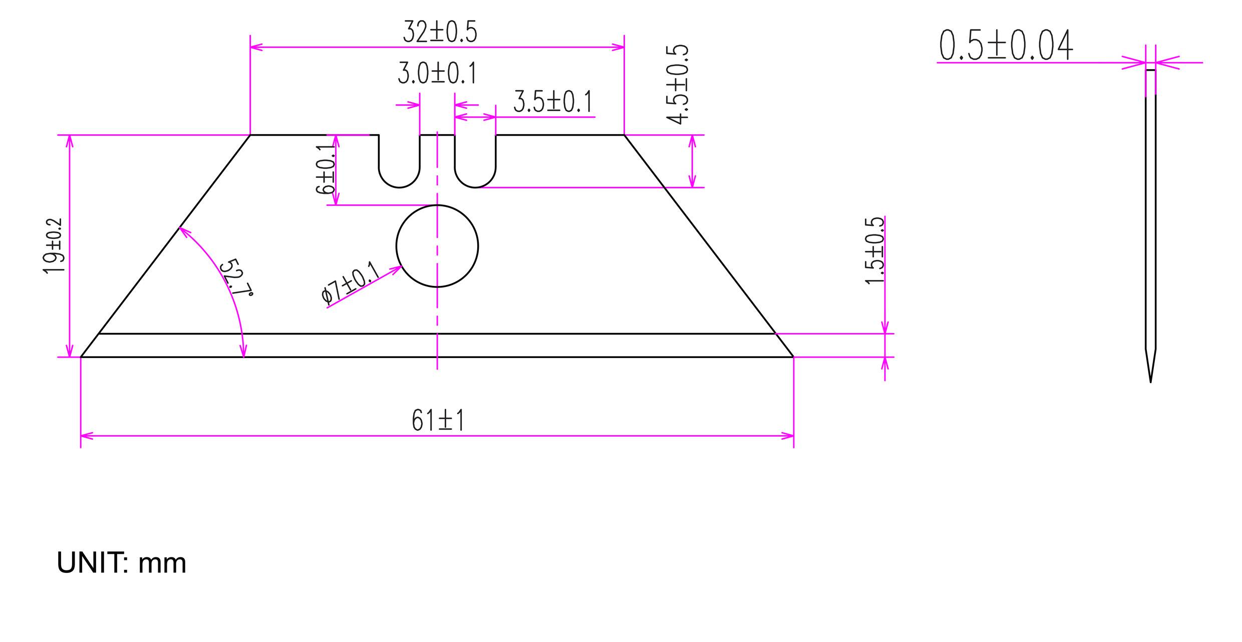 Teknisk ritning av ett blad med dimensioner märkta i millimeter, som visar bredd, höjd och hålplaceringar, inklusive en detaljerad stift.