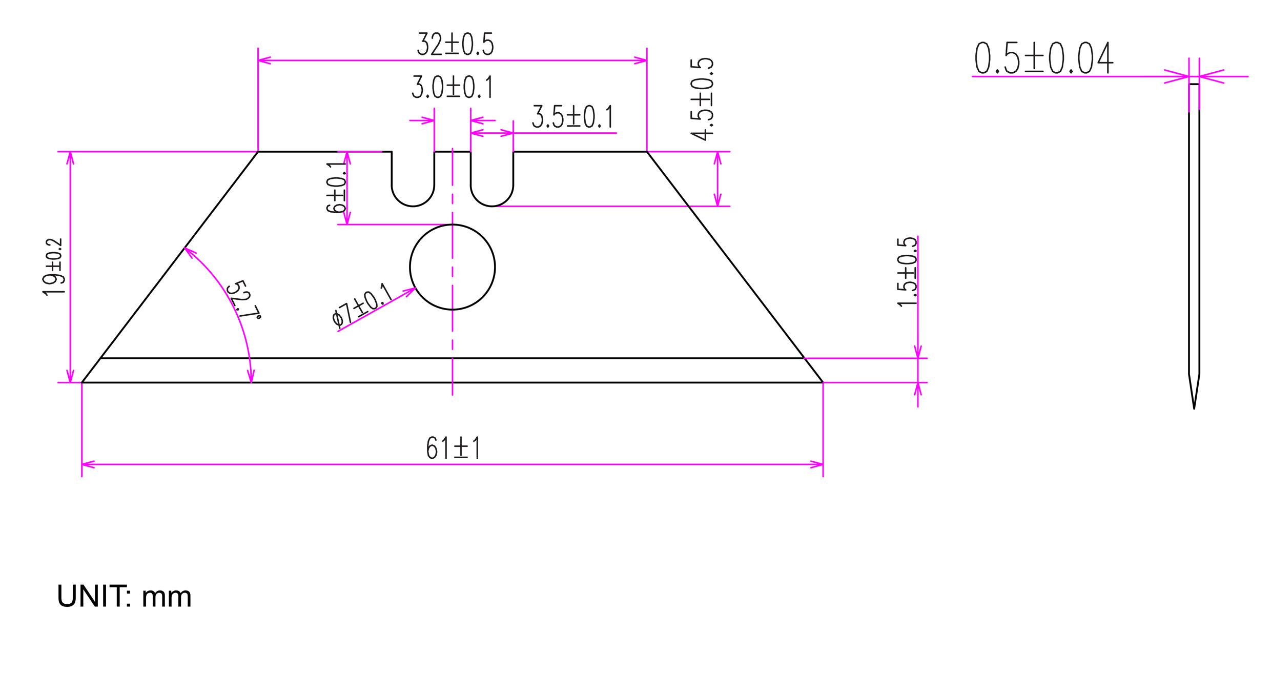 Teknisk diagram över ett blad som visar dimensioner i millimeter. Nyckelmått inkluderar bredd 61±1, höjd 19±0,2 och håldiameter Ø2±0,1.