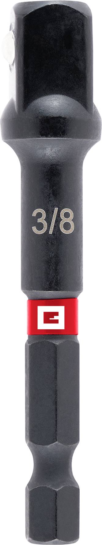 En svart socketadapter med '3/8'-märkning, använd för att ansluta borrbits till hylsor, utrustad med sexkantskaft.
