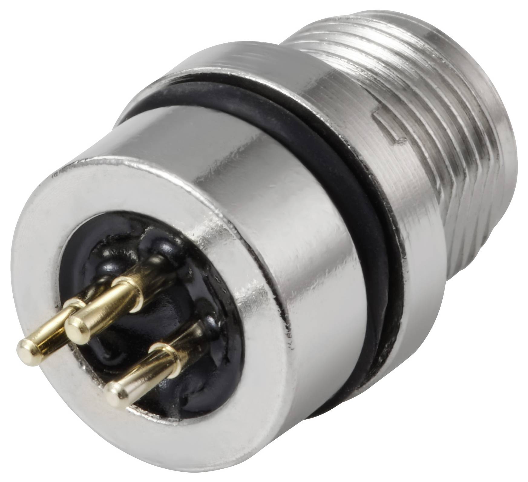 En cylindrisk metallisk elektrisk kontakt med tre utskjutande guldstift, konstruerad för säkra och stabila elektroniska anslutningar.
