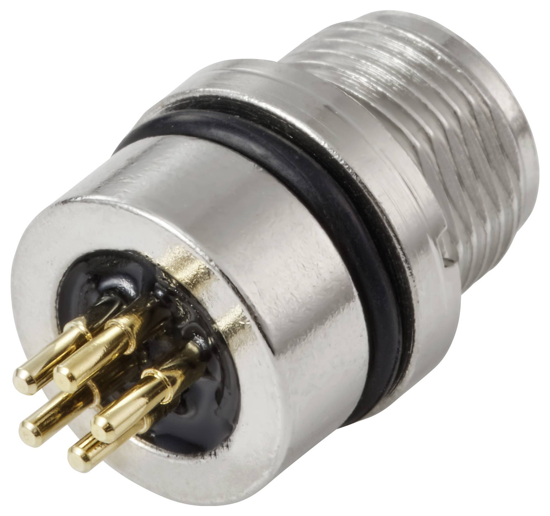 En närbild av en metallisk elektrisk kontakt med flera guldstift och en gängad ände, använd för att säkra anslutningar i elektroniska enheter.