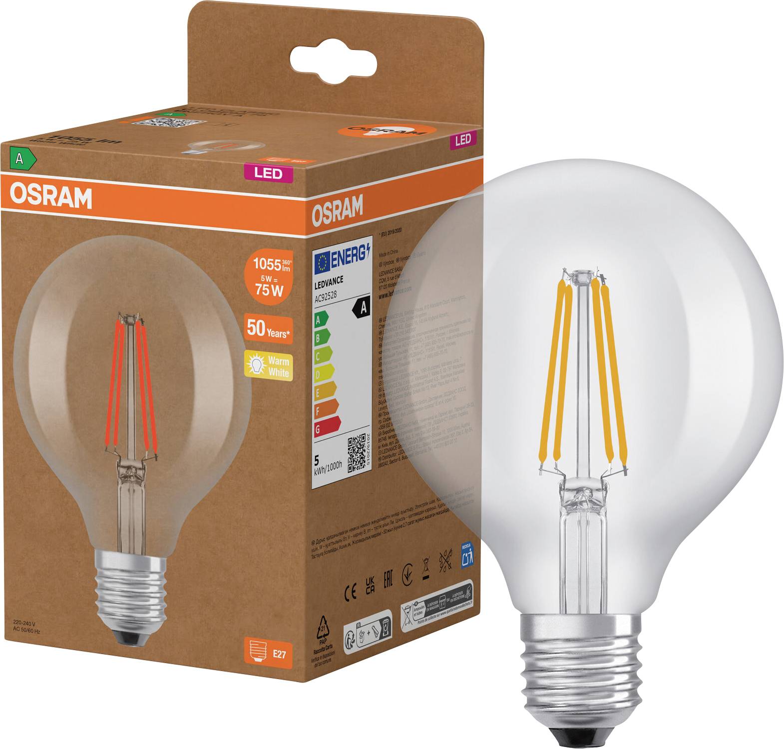 OSRAM LED-lampa med en klar glödtrådsformad lampa visad bredvid förpackningen, märkt 5W och varmvit.
