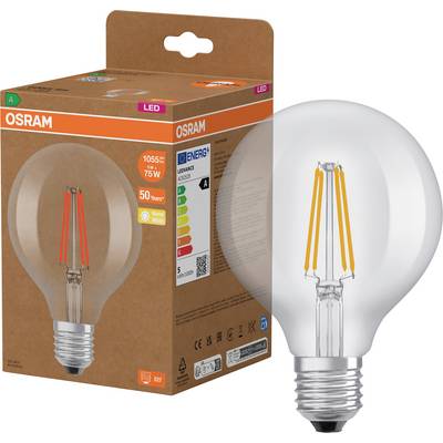 OSRAM LED-lampa med en klar glödtrådsformad lampa visad bredvid förpackningen, märkt 5W och varmvit.