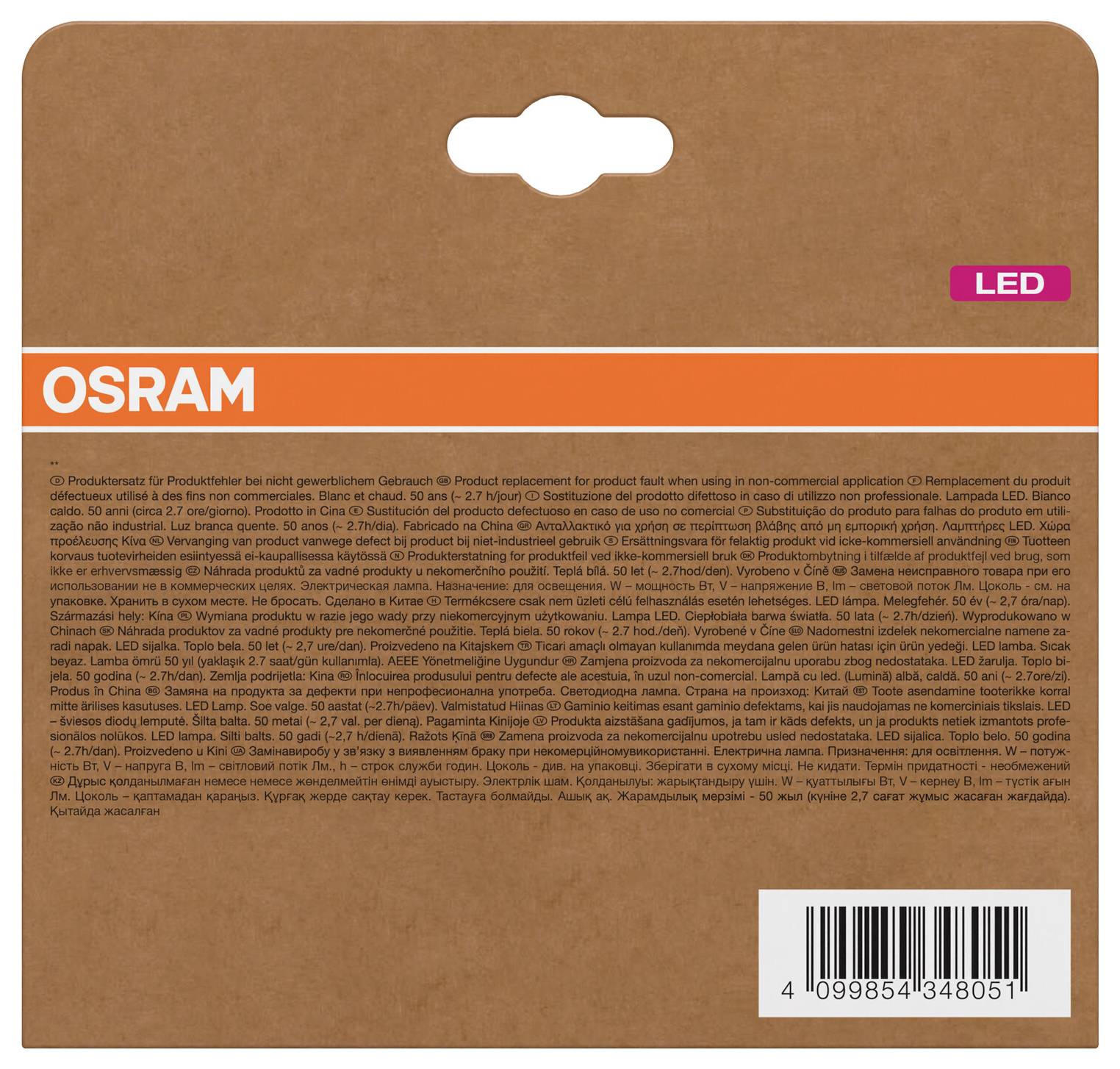 OSRAM LED-produktförpackning på en brun kartongbox med orange varumärkesbranding, liten rosa "LED"-etikett och streckkod i nedre högra hörnet.