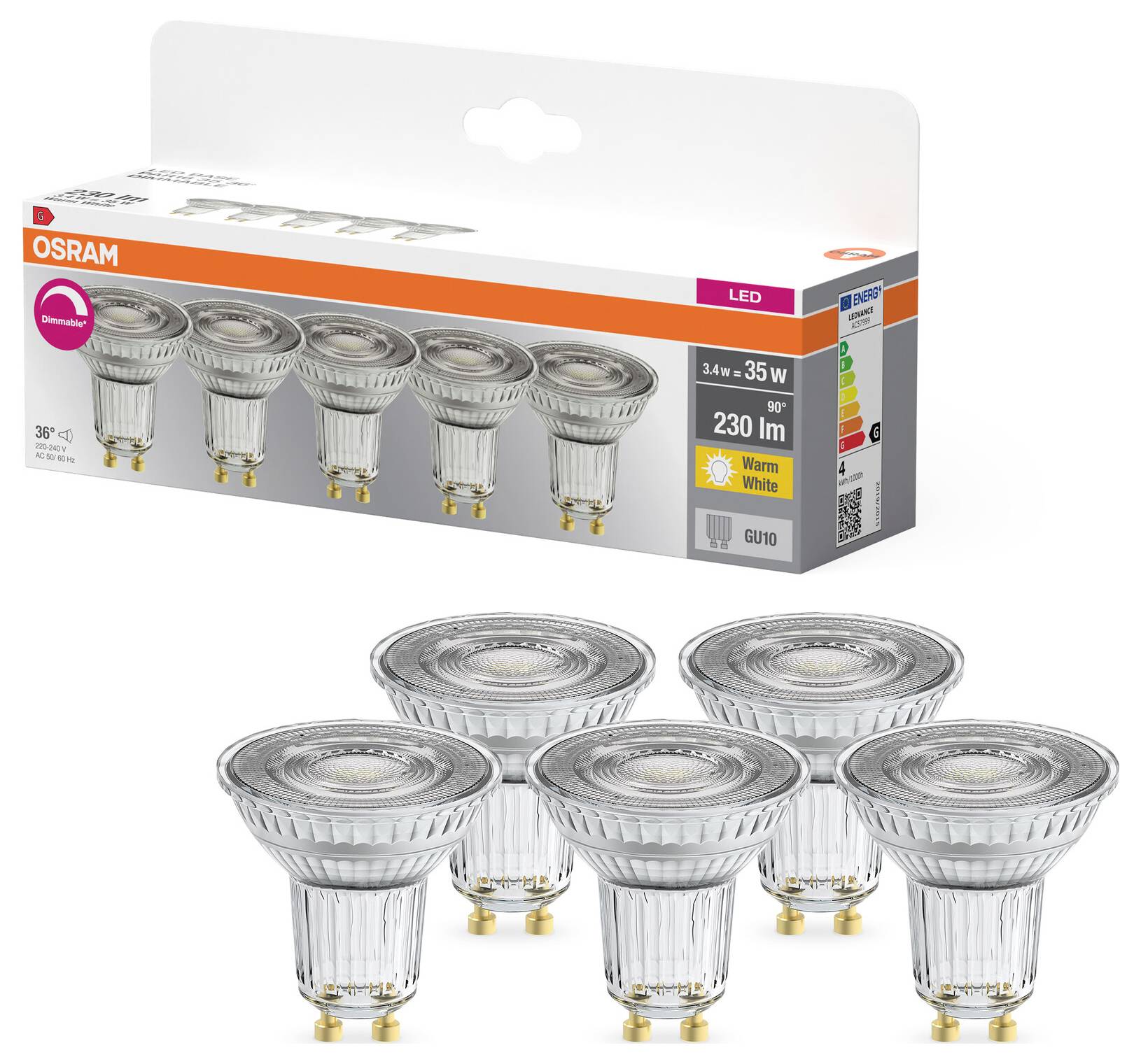 OSRAM HOMELIGHTING 4099854352355 LED-reflektorlampa-lamp EEK G (A - G) GU10 3.4 W Varmvit 5 st-1