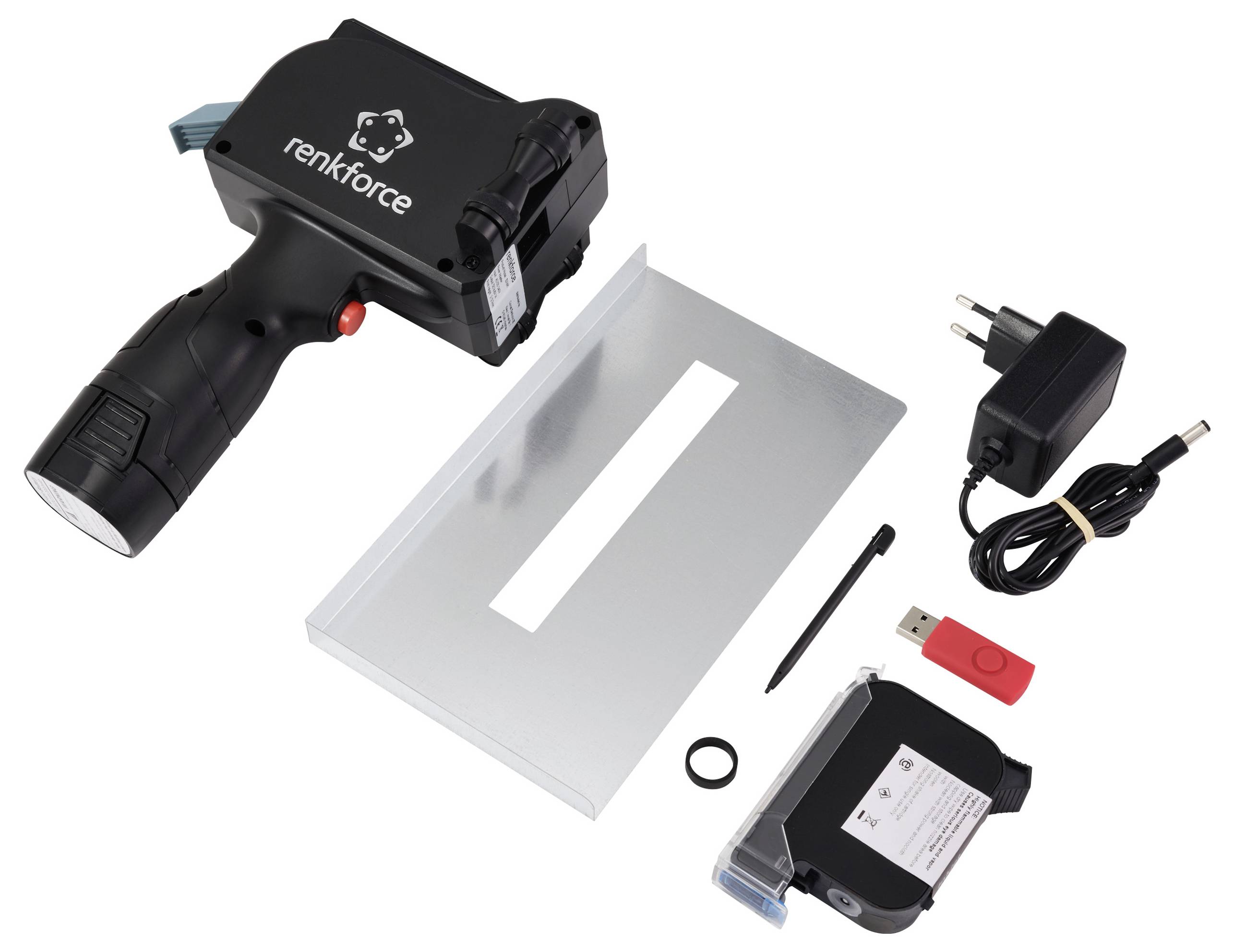 Handhållen bläckstråleskrivare med marka mzp009, svart USB-sticka, nätadapter och metallisk skrivmall.