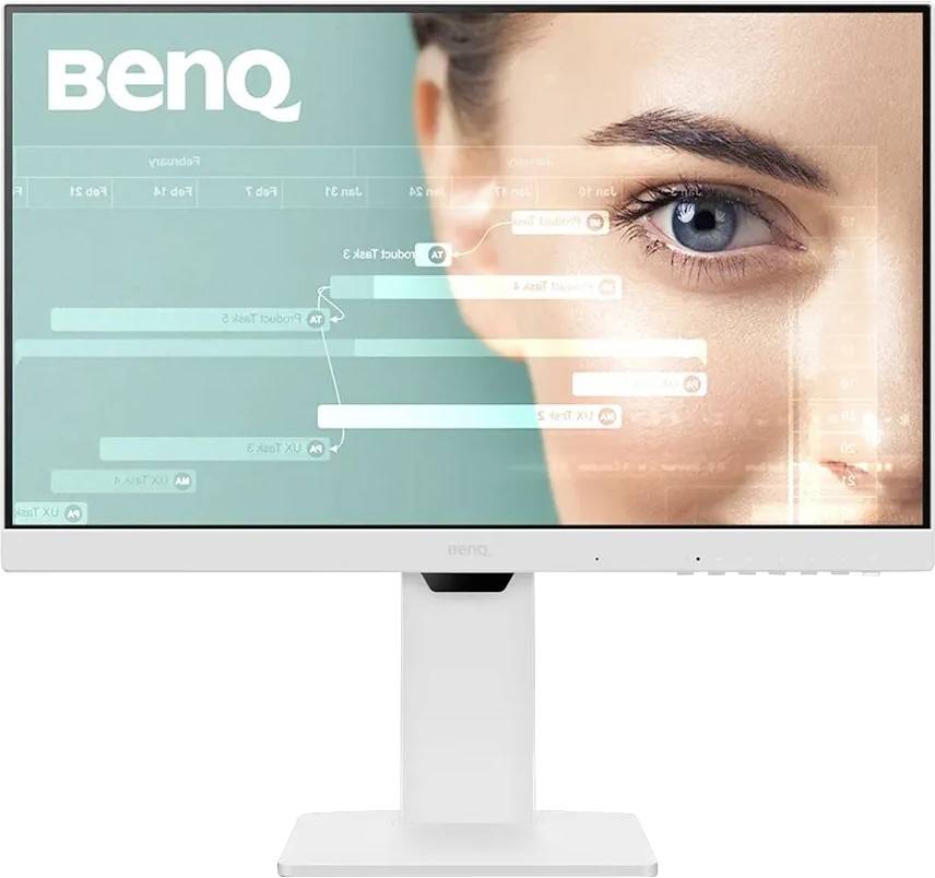 En bildskärm som visar BenQ-varumärket och en kvinnas ansikte på skärmen med användargränssnittselement, vilket framhäver visuell skärpa och detaljer.
