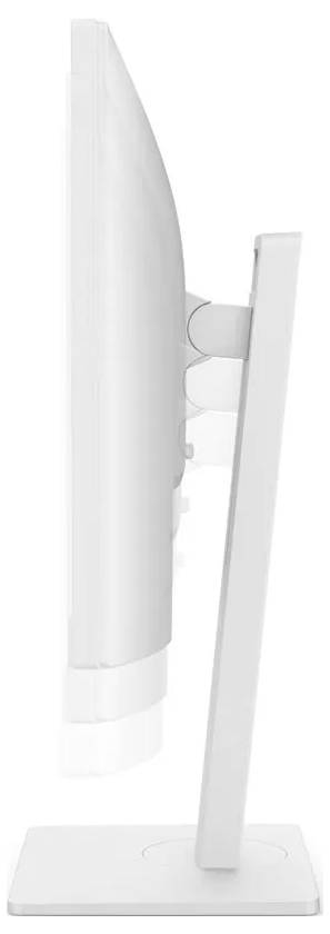 Sidovy av en smal, vit datorskärm på ett stativ, som visar upp dess elegant minimalistiska design.