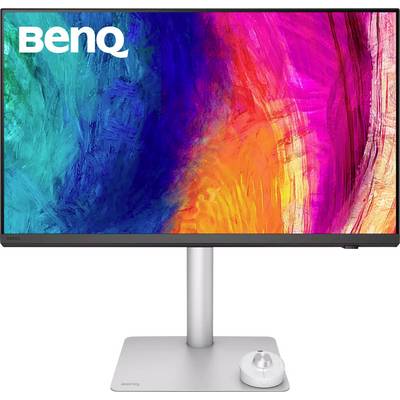 En BenQ-skärm som visar livfull abstrakt konst med blå, lila, orange och rosa nyanser. Skärmen har en smal ramdesign.