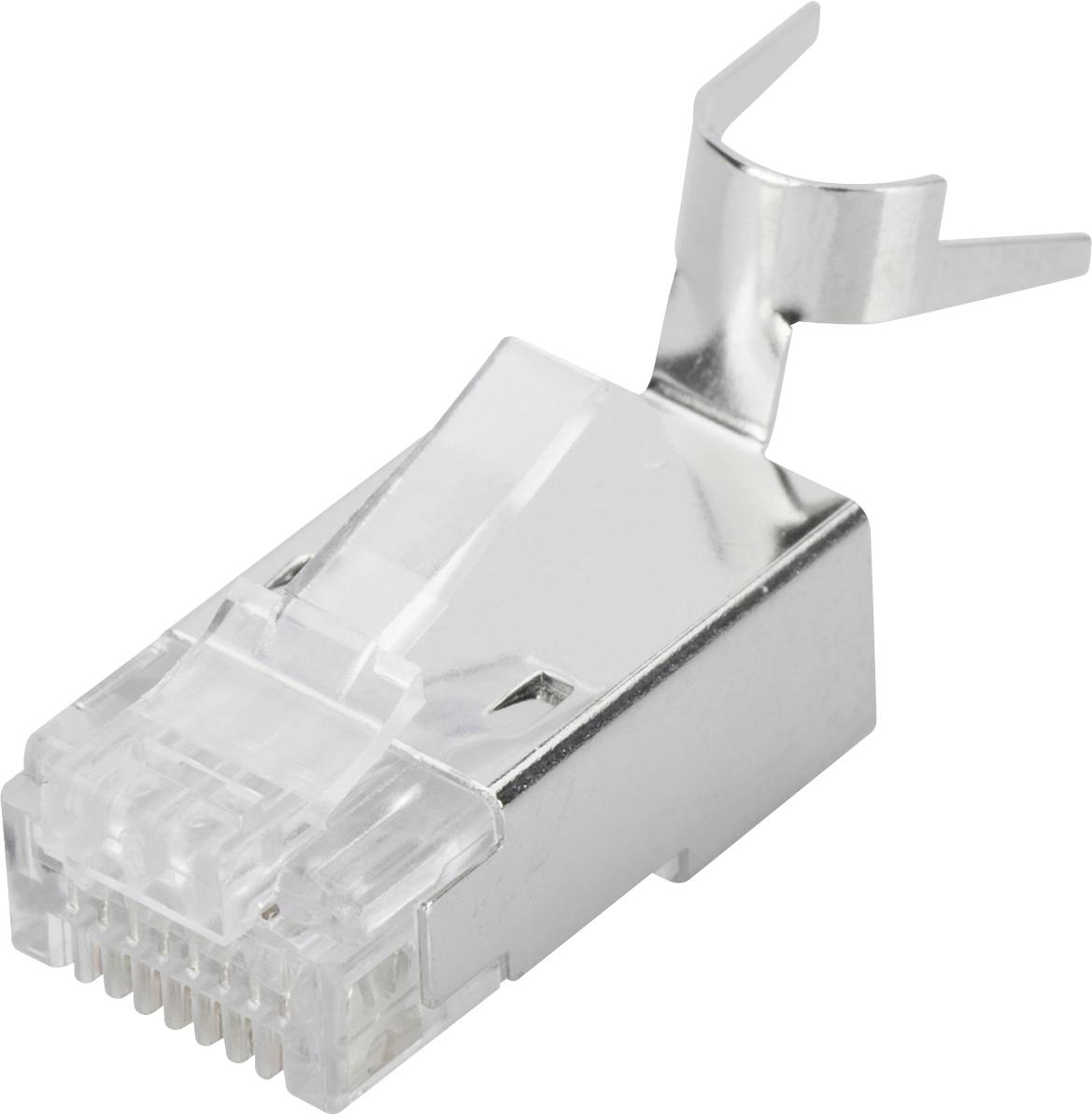 En silverfärgad RJ45-kontakt i metall med en flexibel låsning, avsedd för nätverkskablar, visad mot en vit bakgrund.