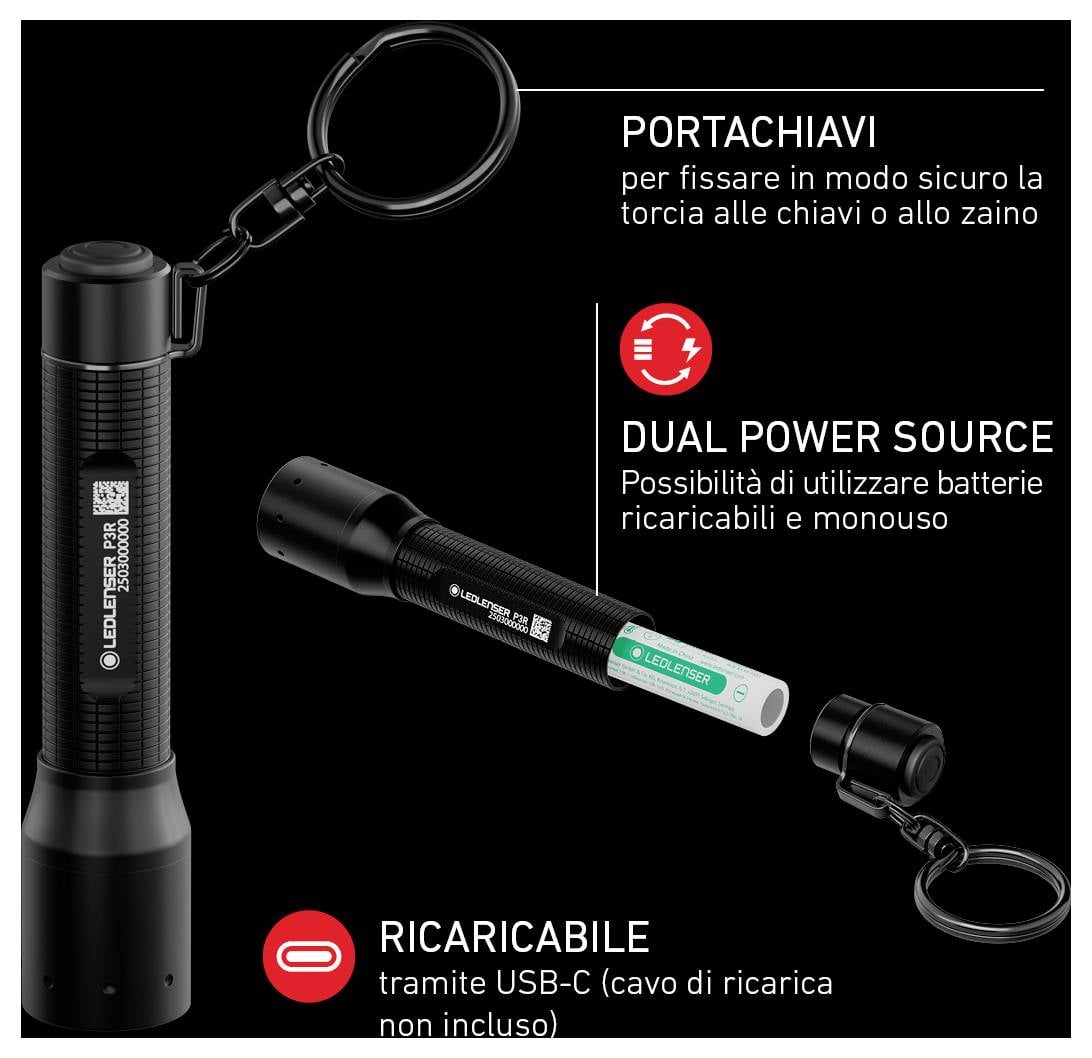 Nyckelring för fastsättning på nycklar eller ryggsäck. Dual Power Source, kompatibel med uppladdningsbara eller engångsbatterier. USB-C-laddningsbar (kabel medföljer ej).