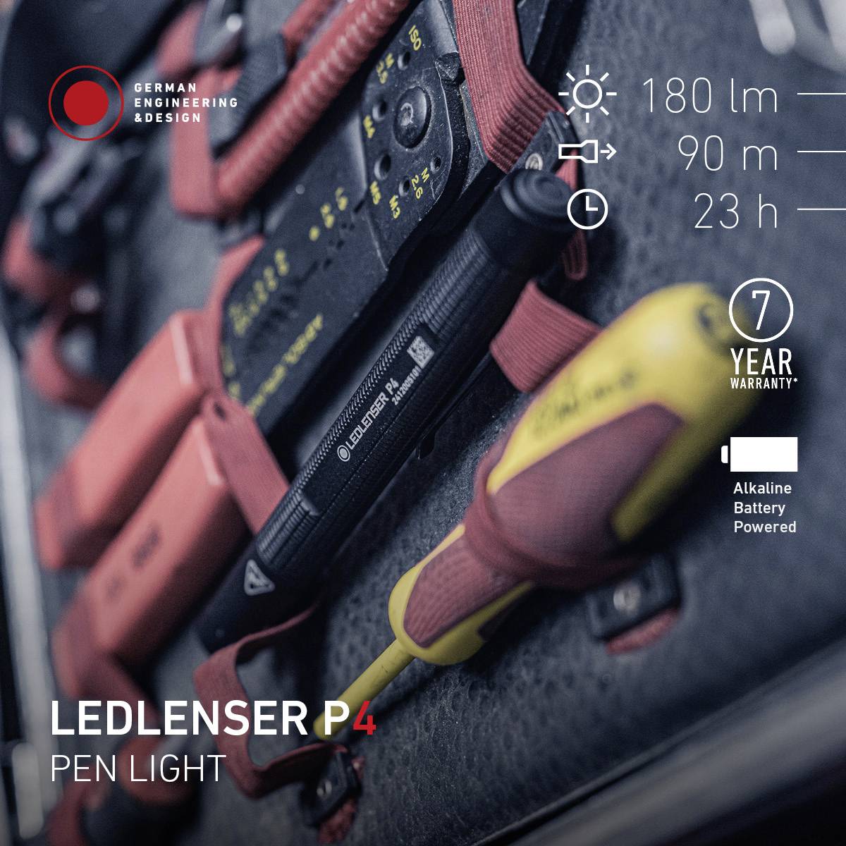 Ledlenser P4 Stiftlampa: En LED-ficklampa, 180 lumen, räckvidd på 90 m, drifttid på 7 timmar, batteridrift, 7 års garanti.