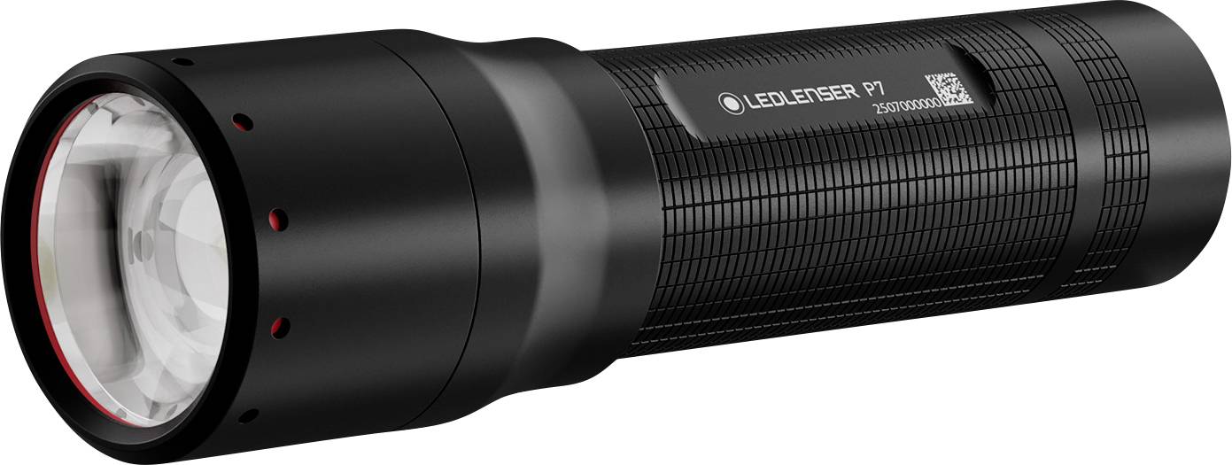 En svart LED-ficklampa med en texturerad grepp och ett synligt lins, märkt 'LED LENSER P7'.