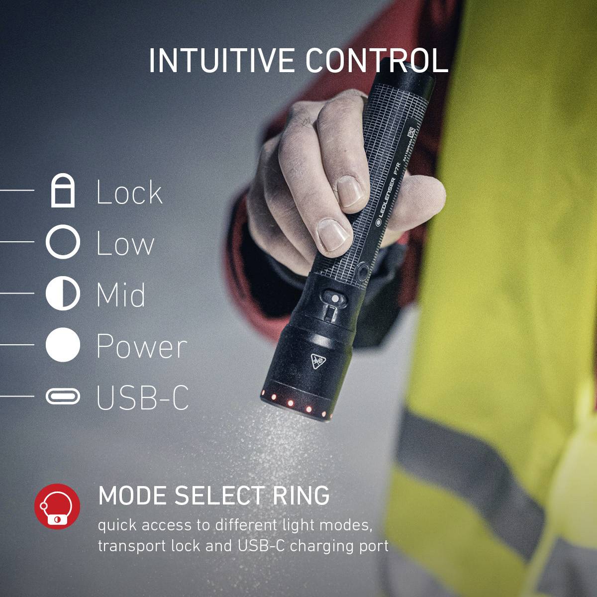 En person håller en ficklampa vars ljuslägen förklaras med symboler: Lock, Low, Mid, Power. Längst ner: 'Lägesvalring'.