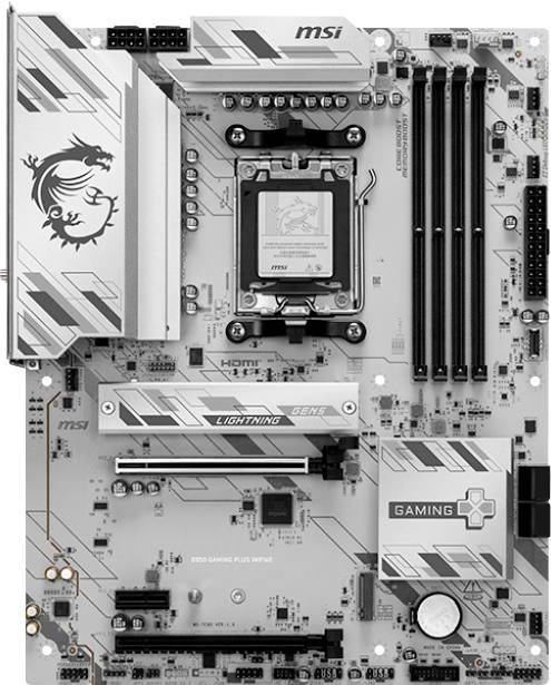 MSI-moderkort med draklogotyp, flera portar, RAM-platser och PCIe-platser, konstruerat för högpresterande databehandling.