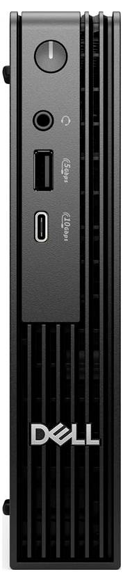 En svart Dell-datorfront med en strömknapp, hörlursuttag, USB-portar och en USB-C-port, där Dell-logotypen visas.