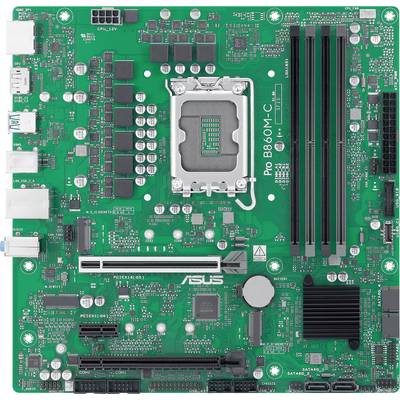 Ett grönt datormoderkort med flera platser och kontakter, märkt 'Pro B660M-C.' Det inkluderar en CPU-sockel, RAM-platser och olika portar.