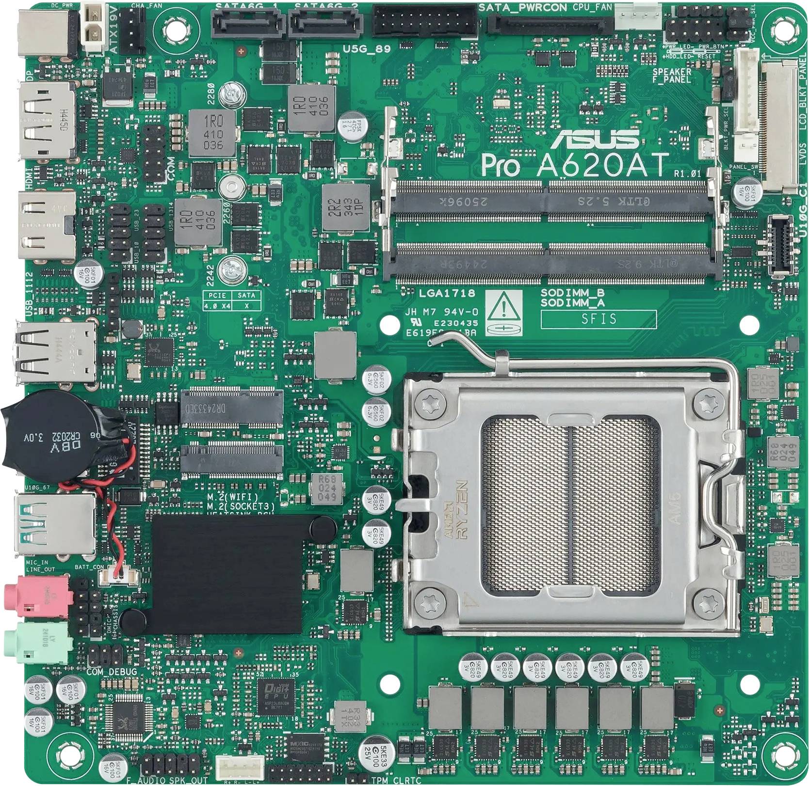 Ett grönt kretskort med olika elektroniska komponenter, kontakter och märkt 'ASUS Pro A620AT'.