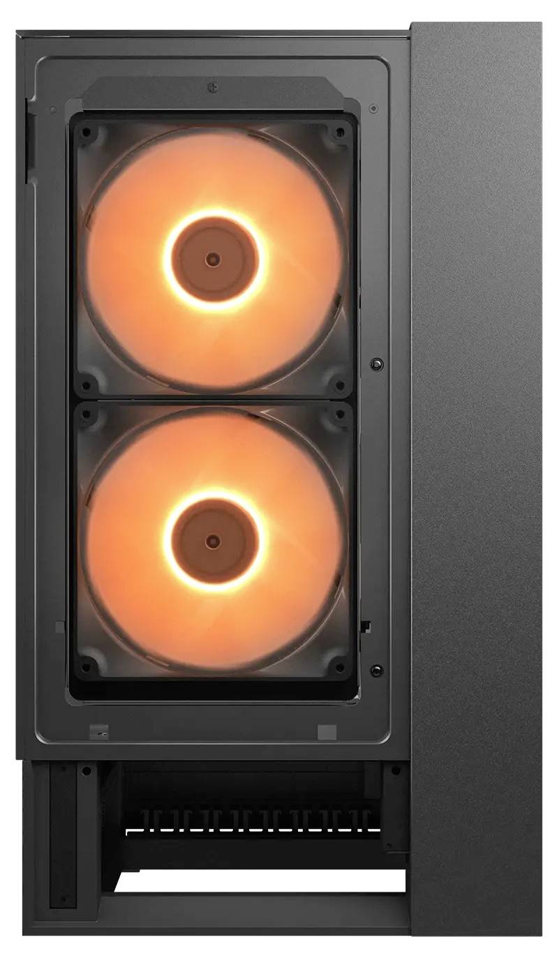Ett datorhölje med två glödande orangefärgade kylningsfläktar synliga genom en genomskinlig panel på framsidan.