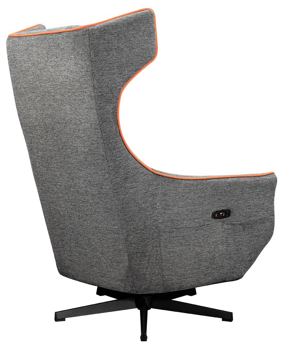 En modern högryggad grå svängbar stol med orange detaljer och en inbyggd kontrollpanel på sidan, designad för komfort och stil.