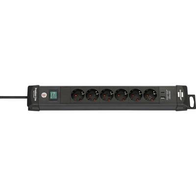 Svart rackmonterbar strömkläm med sex runda uttag, en grön upplyst på/av-strömbrytare och två USB-portar på högra änden.