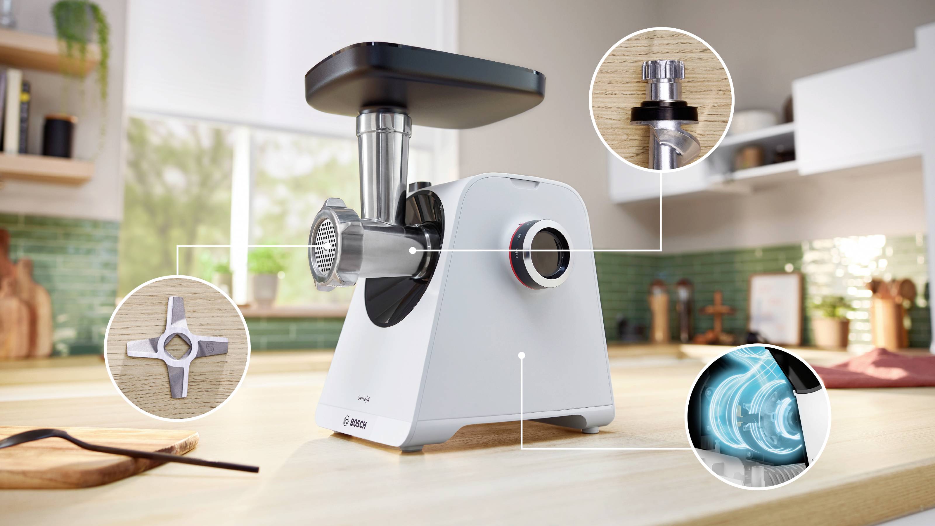 Bosch Multi Power Serie 4, 1900 Watt Blockierleistung MFWS420W Köttkvarn 1300 W Vit-1