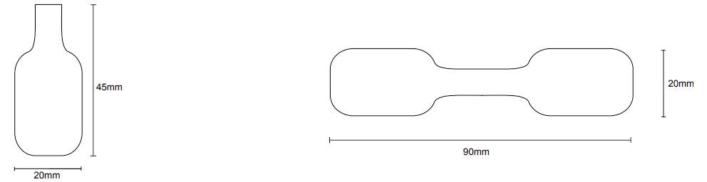 Ett diagram visar två former med mått: en flaskkontur, 45 mm hög och 20 mm bred, samt en hantelsform, 90 mm bred och 20 mm hög.