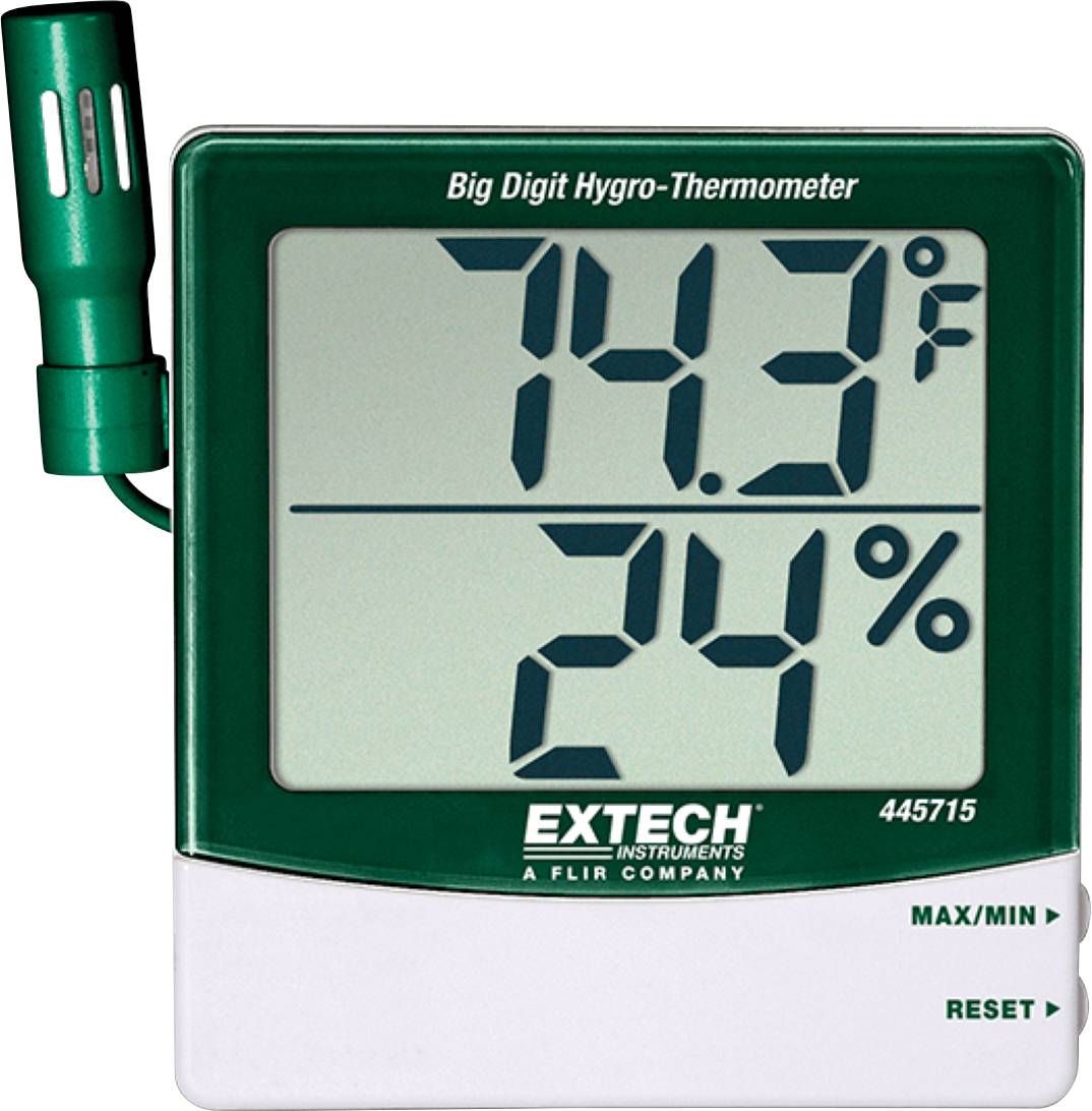 En digital hygro-termometer visar temperaturen '74,3°F' och luftfuktigheten '24%'. Enheten har funktioner för max/min-registrering och återställning.
