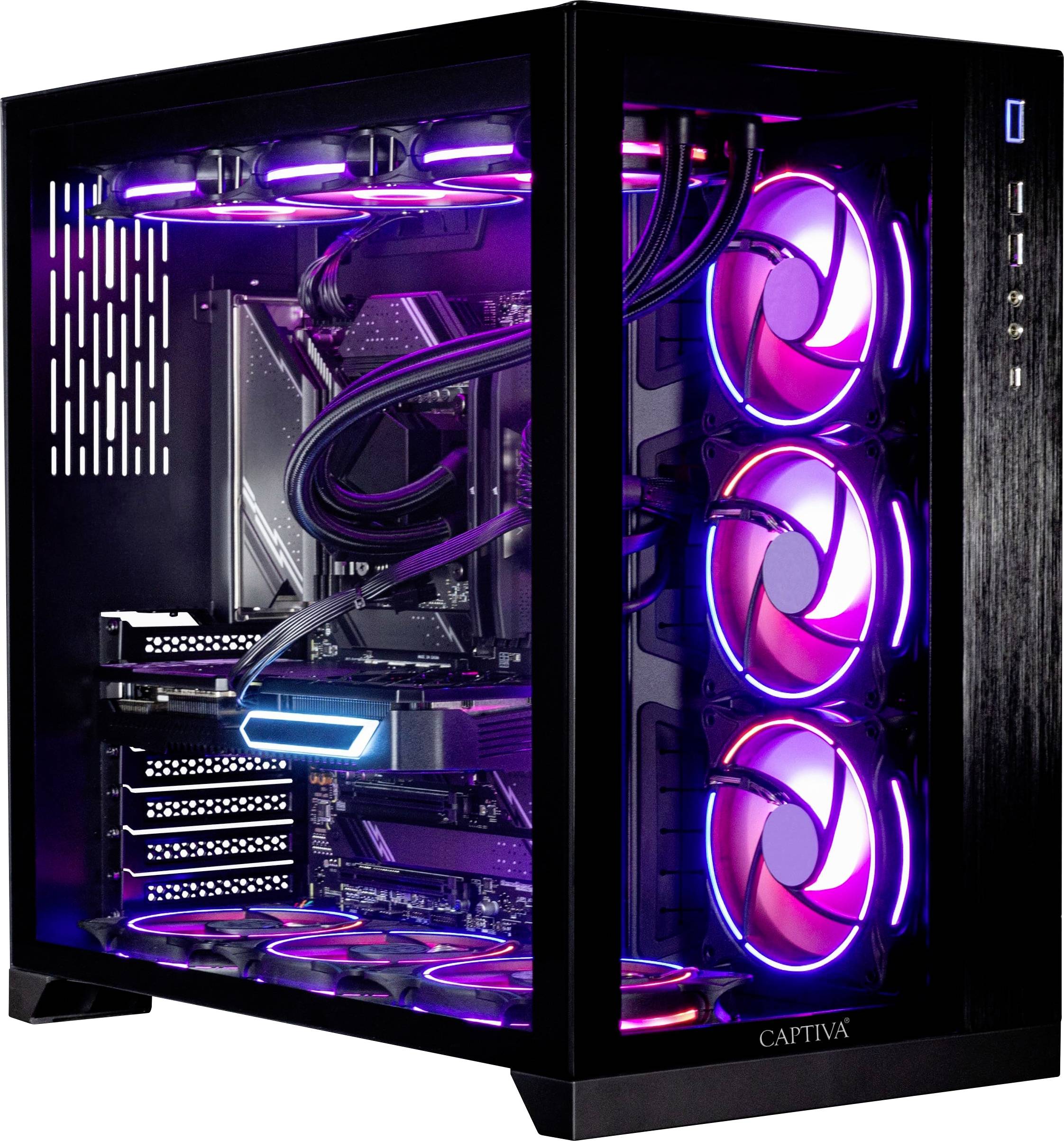 En spelddator med ett transparent sidopanel som visar interna komponenter, inklusive belysta kylningsfläktar med rosa och lila LED-lampor.