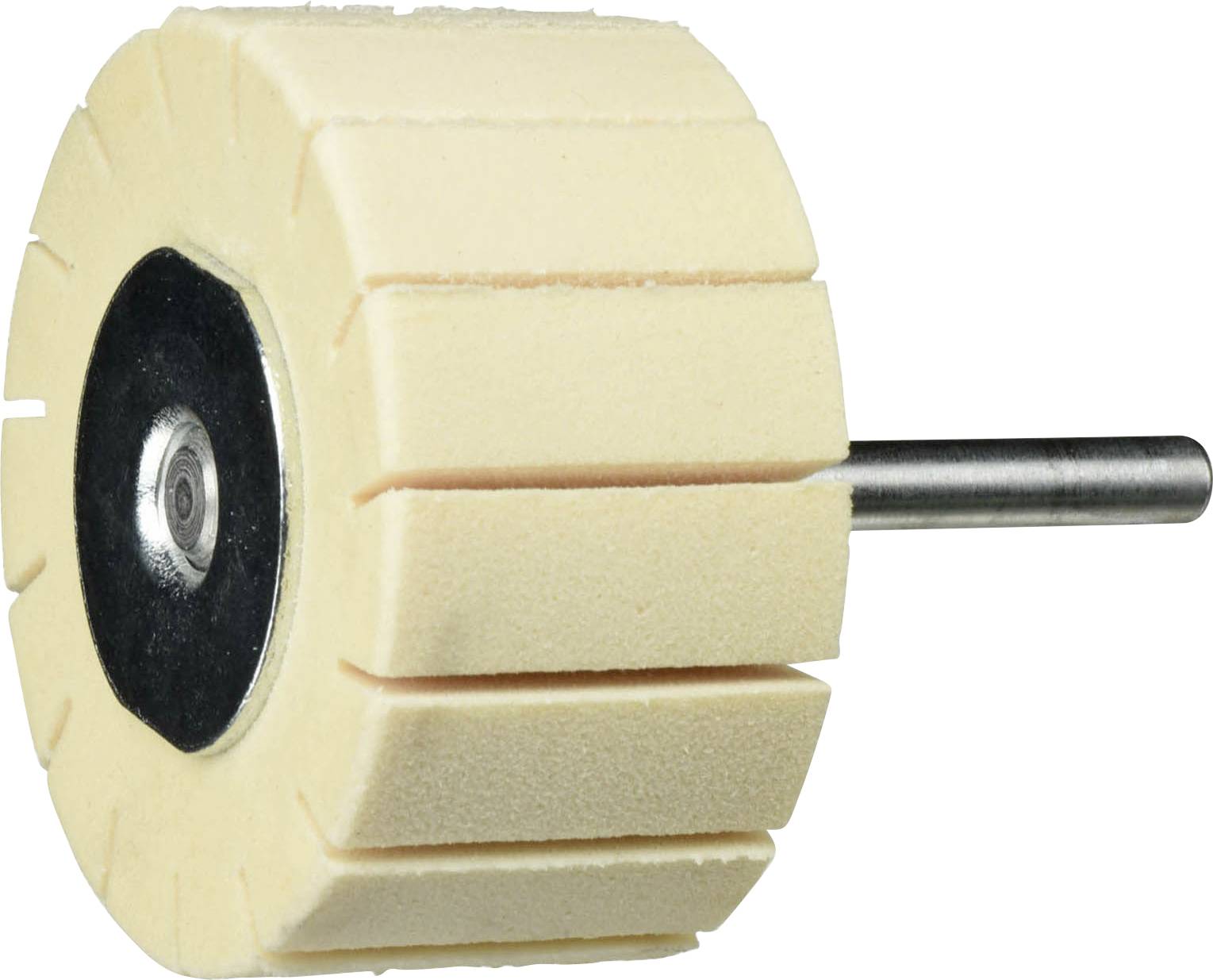 Ett beige polerhjul med en metallspindel, avsett för polering av ytor. Det har en cirkulär form med jämnt fördelade segment.