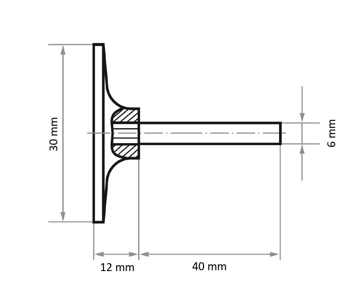 En teknisk ritning av en ventil, som visar en sidovy med dimensioner: höjd 30 mm, bredd 40 mm, stamdiameter 6 mm, bas 12 mm.