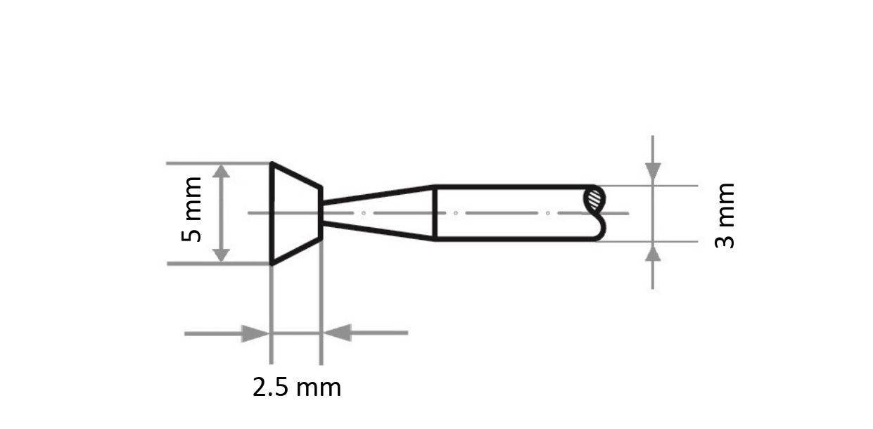 Teckning av ett mekaniskt verktyg med mått: huvudet är 5 mm brett, längden är 2,5 mm och svansen är 3 mm tjock.