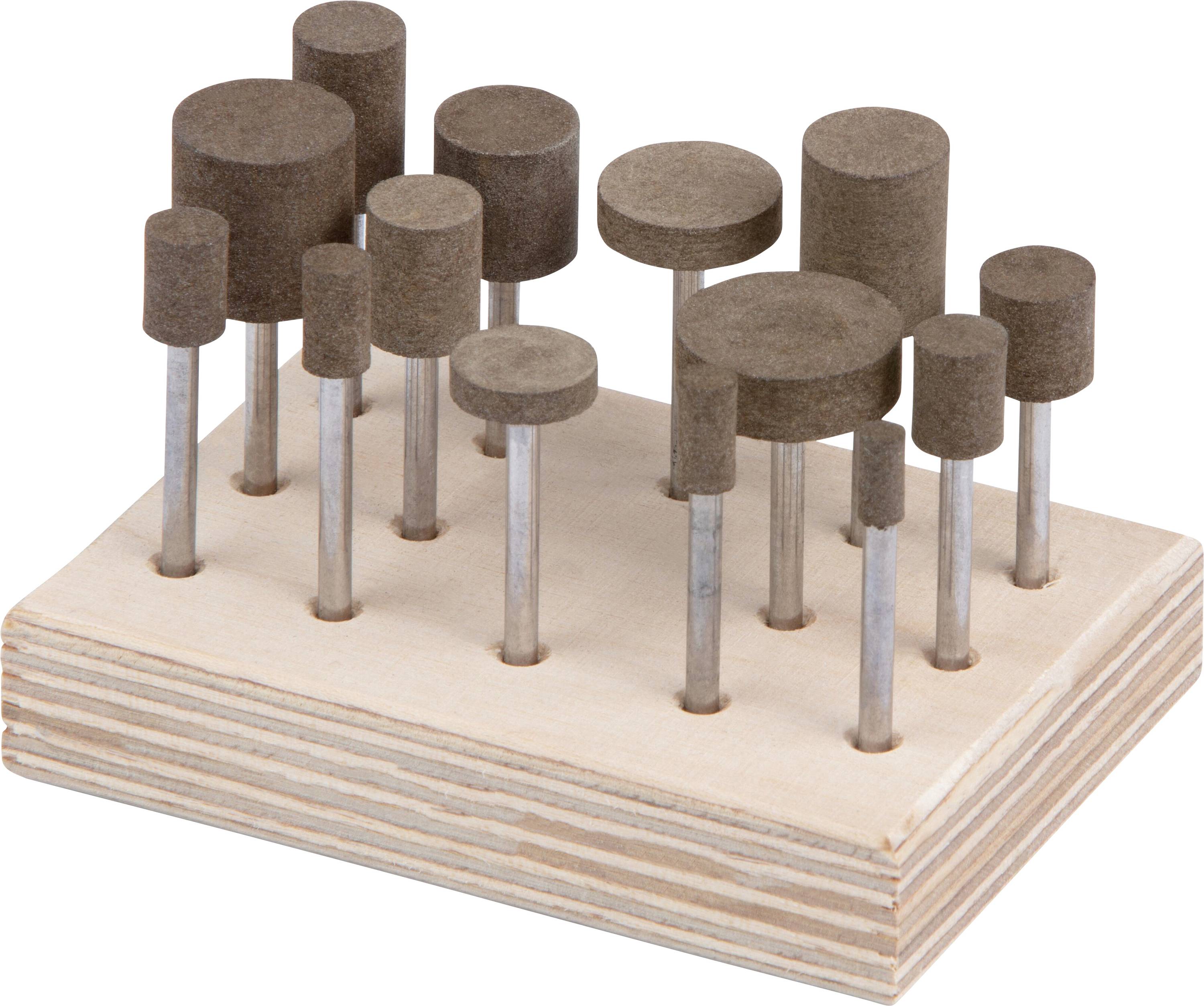 Ett träblock med flera cylindriska filtsliparspetsar av varierande höjder och diametrar monterade på metallstänger.