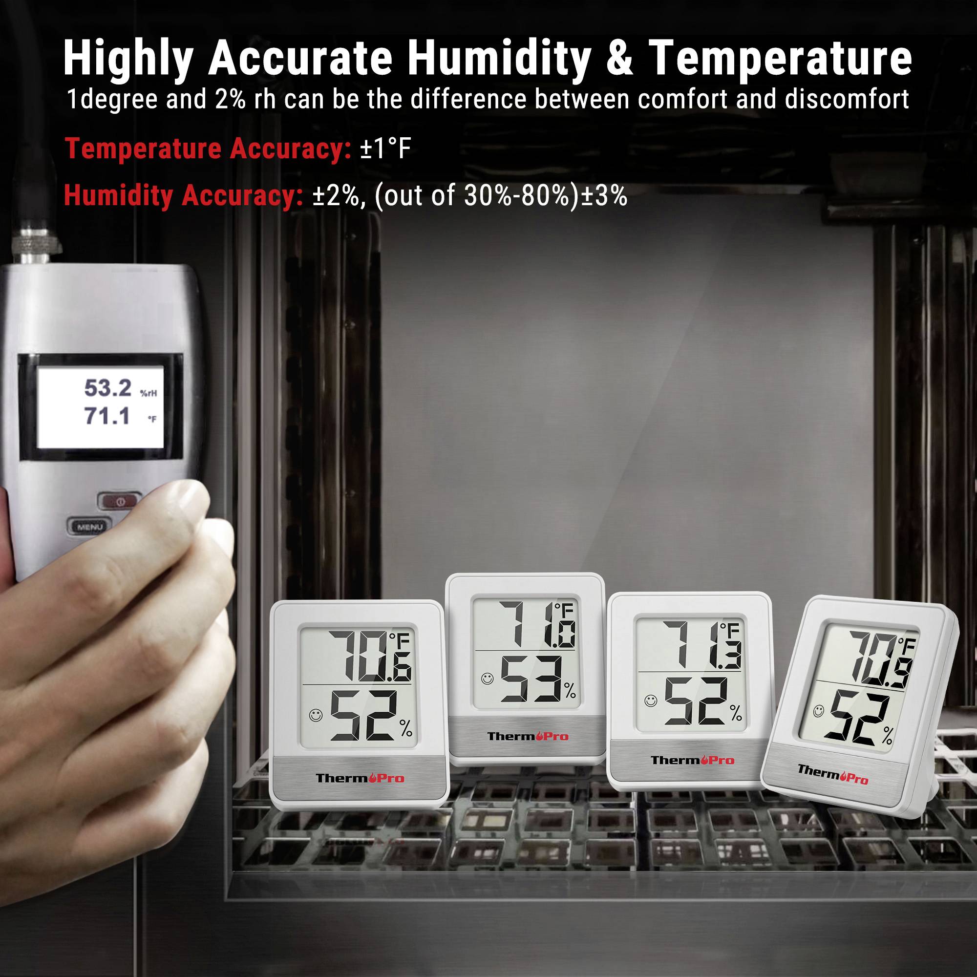 En person håller en digital termometerdisplay som visar '72°F'. Tre andra termometrar visar temperaturer: '71°F', '71,5°F', '72,3°F'. Text markerar detaljer om noggrannhet.