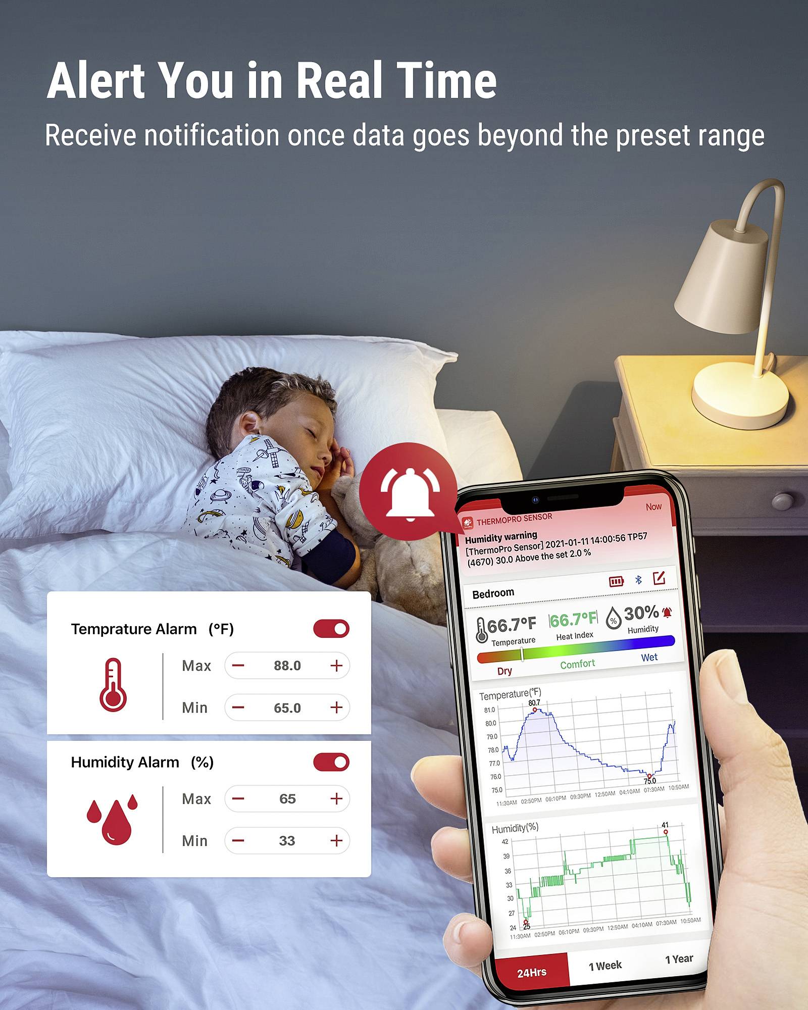 Ett sovande barn i sängen, en hand håller en smartphone som visar en varning för hög temperatur och luftfuktighet. Lampa på nattduksbordet.
