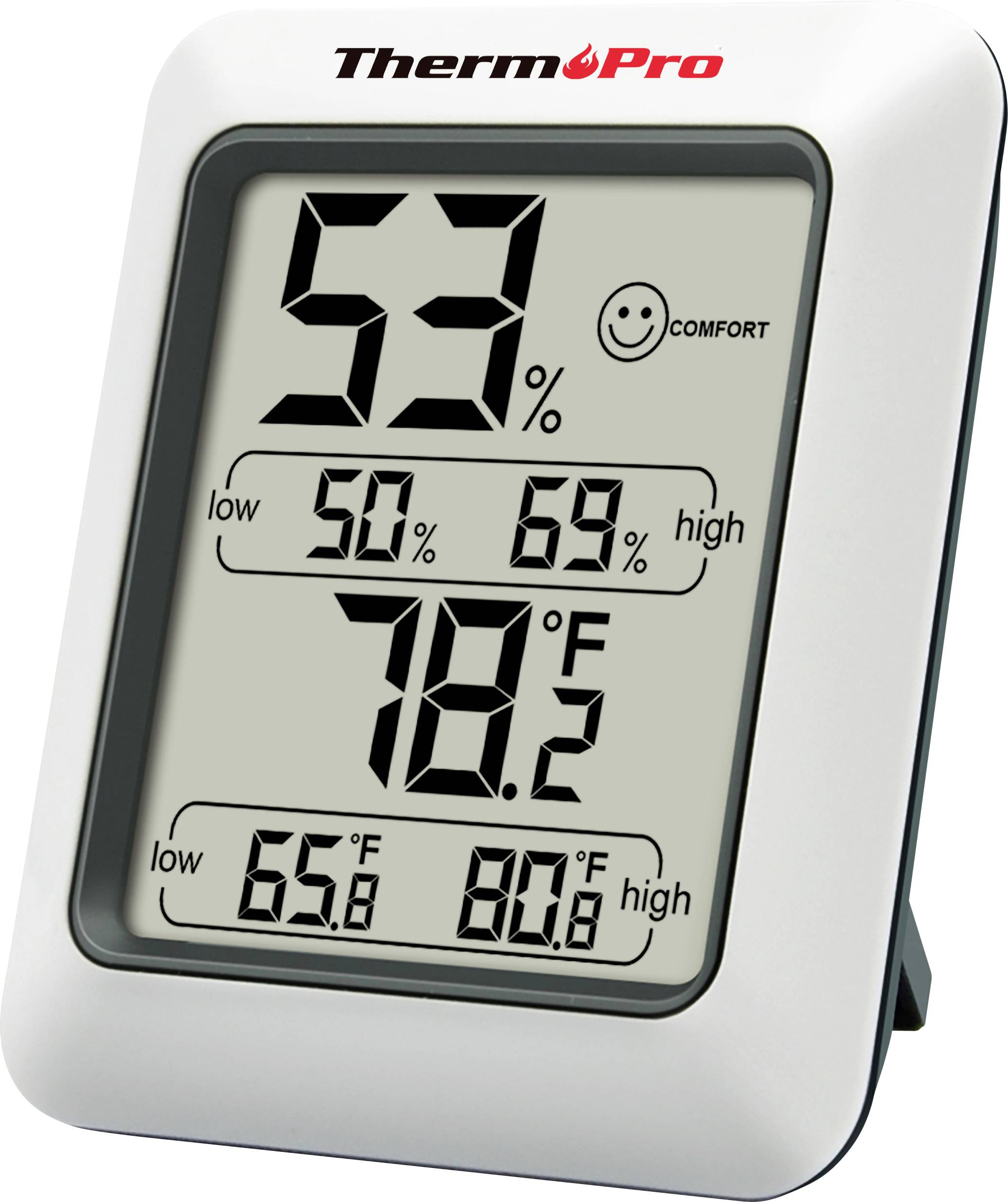 Digital hygrometer som visar '53% luftfuktighet' med komfortikon, temperatur '78°F', och historiska låga/höga intervall för luftfuktighet och temperatur.