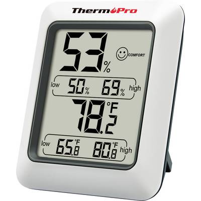 Digital hygrometer som visar '53% luftfuktighet' med komfortikon, temperatur '78°F', och historiska låga/höga intervall för luftfuktighet och temperatur.