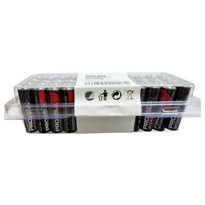 En förpackning med 48 st AA-batterier i ett genomskinligt plastfodral med en etikett som visar symboler för återvinning, korrekt avfallshantering och användningsvarningar.