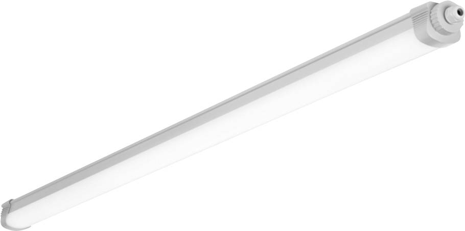En lång, vit LED-rörlampa med synliga ändhylsor, placerad diagonalt mot en enfärgad bakgrund.