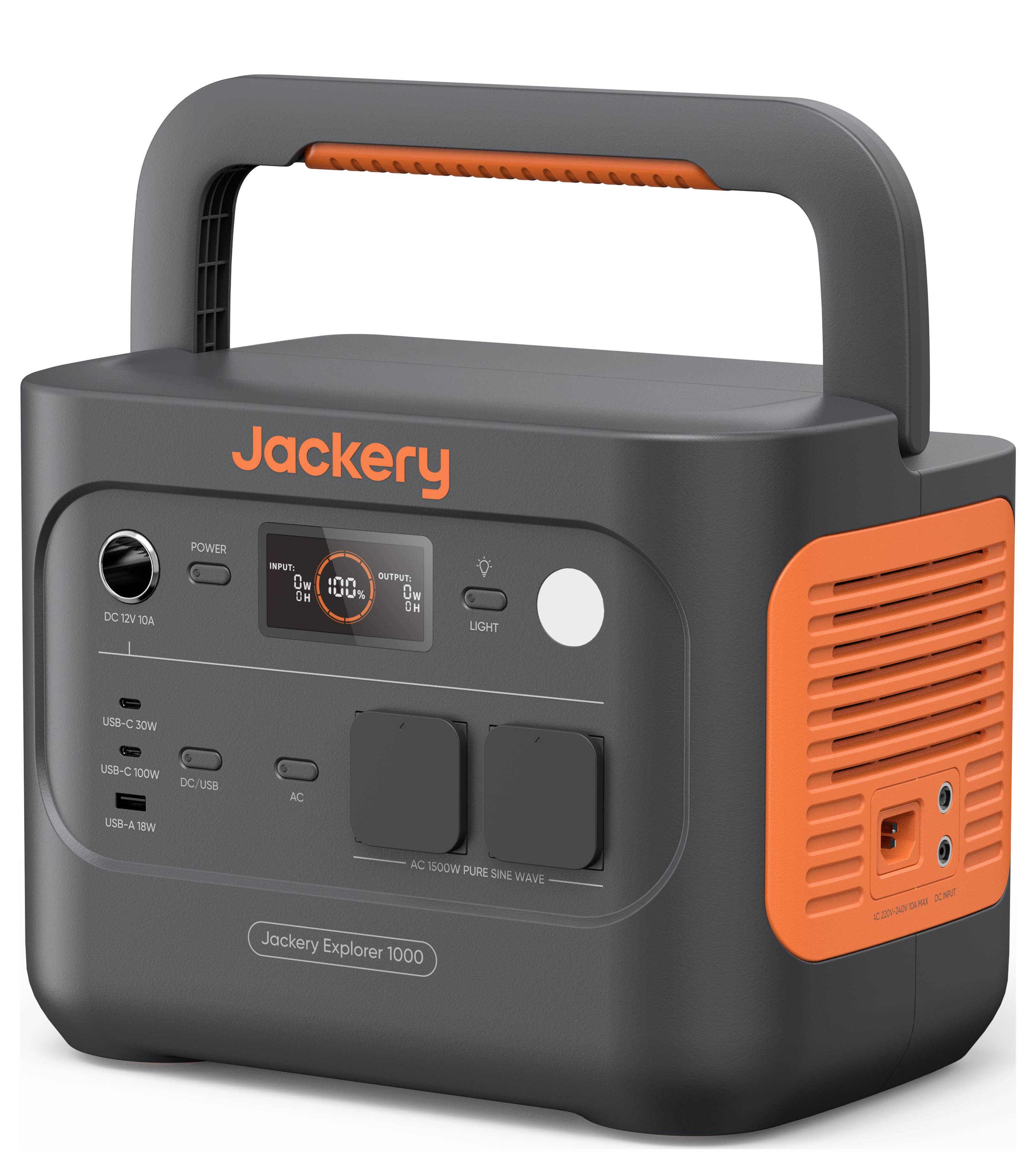 En bärbar kraftstation med ett orange handtag, märkt 'Jackery'. Funktionerna inkluderar strömknappar, ingångs-/utgångsportar och en digital skärm.